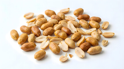 Obraz premium Roasted peanuts pile with whole and split nuts isolated on a white background