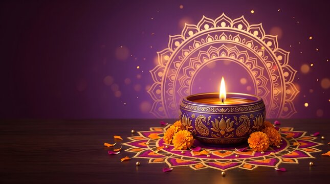A beautiful glowing diya lamp on a traditional rangoli pattern celebrating the colorful happy diwali festival of lights