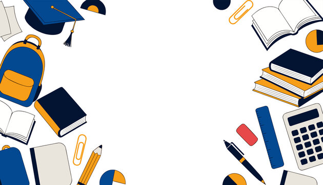 Educational school supplies border, back to school background with books and backpack, academic learning frame with calculator and stationery