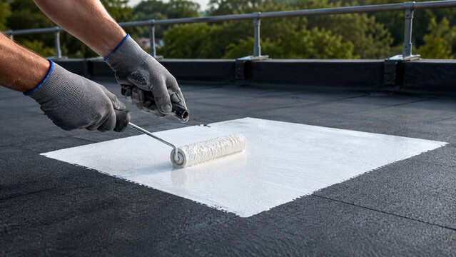 Gloved hands roll white reflective coating onto a roof test patch