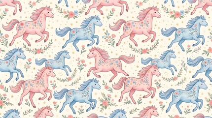 Fototapeta premium Cute running horses pattern with flowers