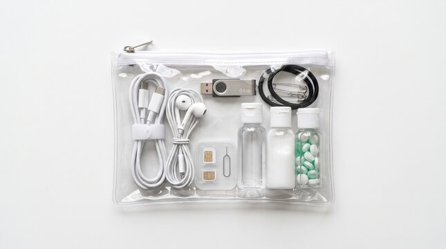 Clear travel organizer bag with essential toiletries and electronics accessories