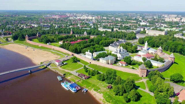 Veliky Novgorod, Russia. Novgorod Kremlin (Detinets), Volkhov River. Flight over the city. Drone footage