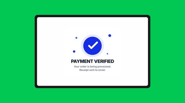 E-commerce checkout UI animation displaying payment verification sequence and success checkmark on green screen