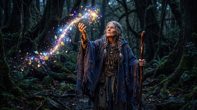 An elderly woman in a tattered blue robe conjures a swirl of sparkling magic light in a dark, misty forest.