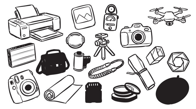 Photographer tools and camera accessories layout in expressive black and white ink sketch style.