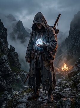Hooded man in a tattered cloak holds a glowing magic crystal orb while standing on a rocky mountain path shrouded in mist.