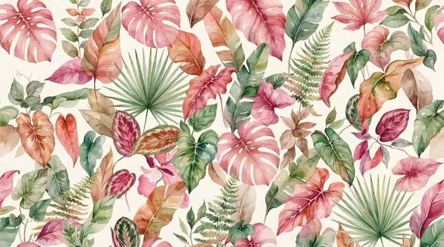 Seamless pattern with watercolor tropical leaves and foliage