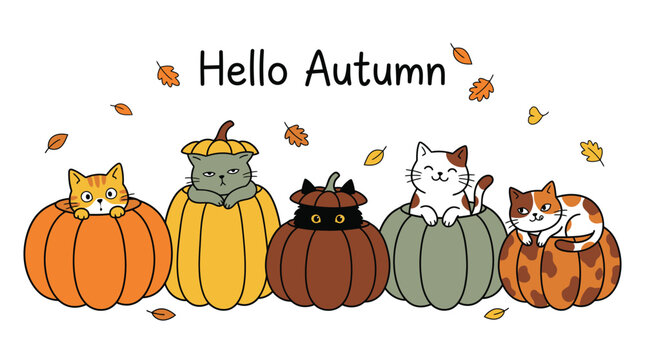 Cute cartoon cats sitting inside colorful pumpkins for a festive thanksgiving background featuring falling autumn leaves and the text hello autumn