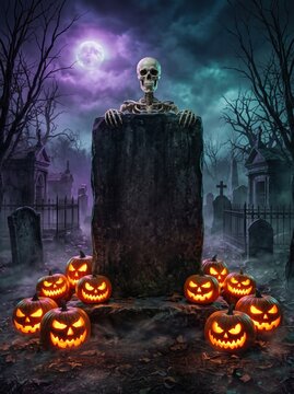 A skeleton peeks out from behind a large tombstone in a foggy graveyard, surrounded by glowing jack o lanterns under a crescent moon.