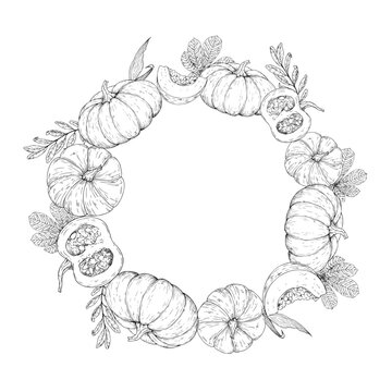 Vector pumpkin frame, template, wreath with copy space. Vegetable seeds, graphic logo, hand drawn isolated illustration. Halloween autumn perfect for harvest and thanksgiving themes. Isolated botanica