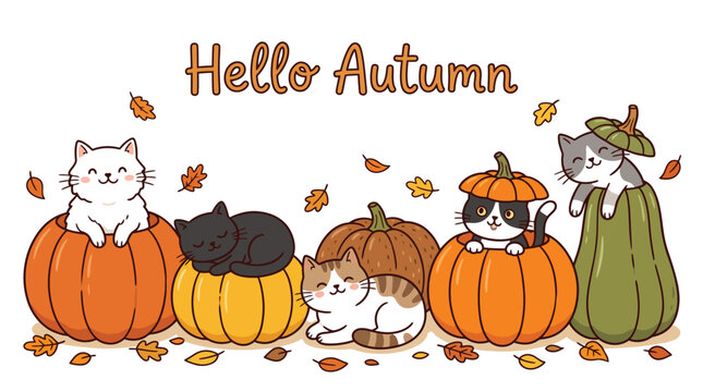 A cute hand drawn illustration featuring adorable kittens sitting inside orange pumpkins as a festive thanksgiving background for seasonal holiday designs