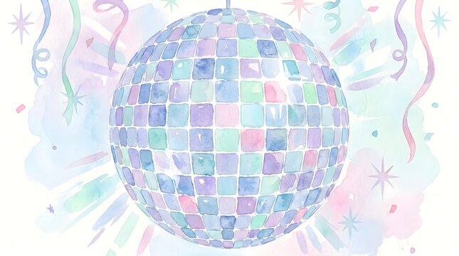 Shiny disco ball with colorful glowing light reflections