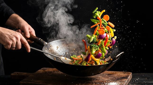Professional chef tossing fresh colorful vegetables in wok pan with steam background