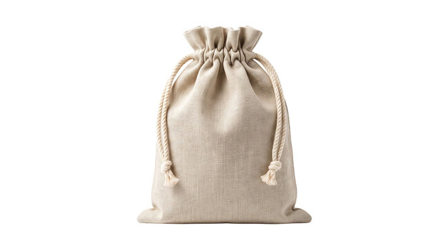 Empty burlap drawstring gift bag made of natural linen fabric isolated on transparent background