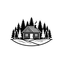 Obraz premium Circular forest log cabin badge with pines.
