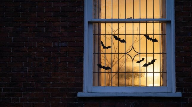 Victorian window on brick wall, illuminated with golden light, showing bare tree branches and Halloween bat decorations