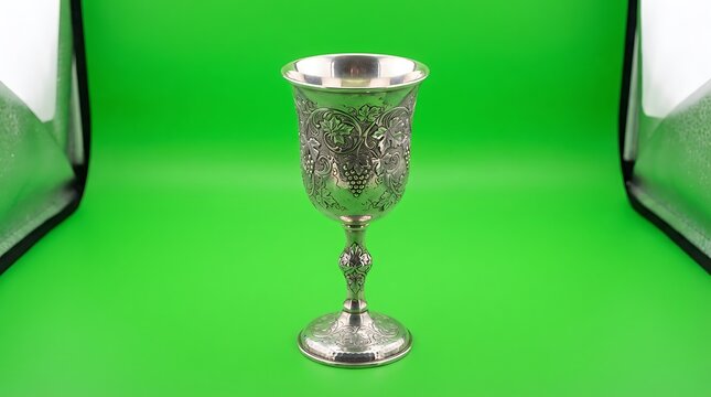 An ornate silver chalice featuring intricate embossed grape vine patterns