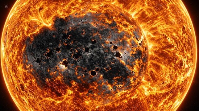 A spectacular fictional depiction of the Sun as a massive glowing celestial sphere in deep space, surrounded by dramatic solar flames and swirling plasma, intense golden and orange light radiating fro