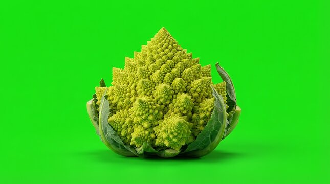 A single head of fresh romanesco broccoli set against a bright green background