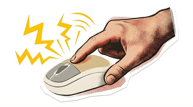 Hand clicking a computer mouse in a vintage pop art style illustration