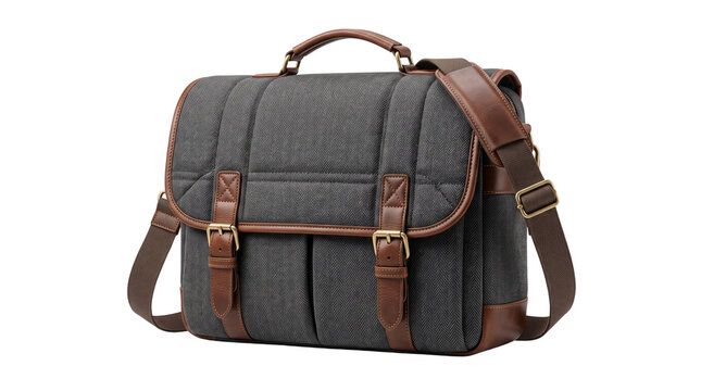 Classic brown leather briefcase with buckle straps and a top handle, isolated on transparent background