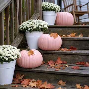 A rustic wooden staircase is adorned with pastel pink pumpkins and white mum flowers in pots, complemented by scattered autumn leaves
