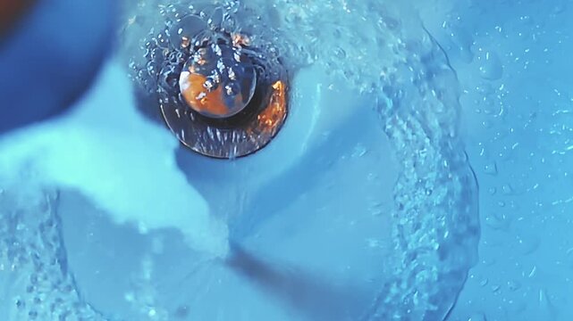 Water Swirling Down Sink Drain with Bubbles Macro Shot