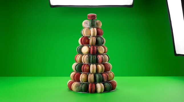 A festive christmas tree made of colorful french macarons on green background