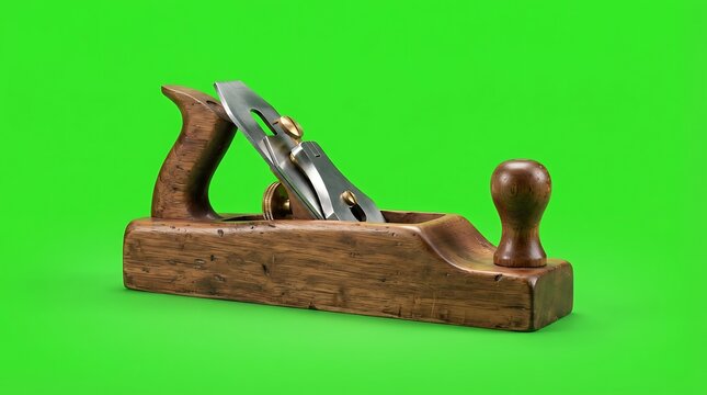 A vintage wooden hand plane for woodworking isolated on a green background