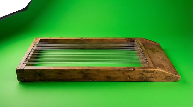 A vintage wooden wire cheese slicer isolated against a bright green background