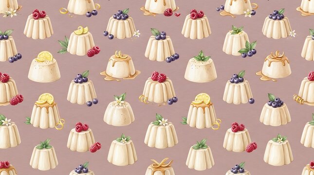 seamless pattern of panna cotta desserts in smooth molded shapes
