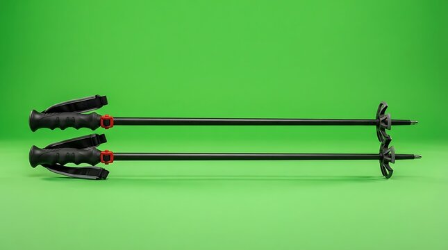 A pair of black trekking poles placed horizontally against a green background