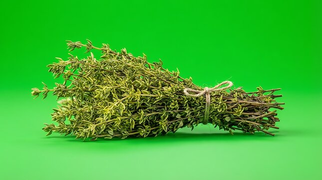 A fresh bundle of dried thyme herb tied together on a bright green background