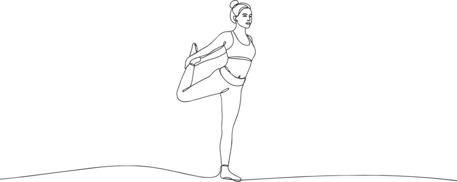 Continuous line of a woman performing a yoga balance pose, minimalist black outline on a white background