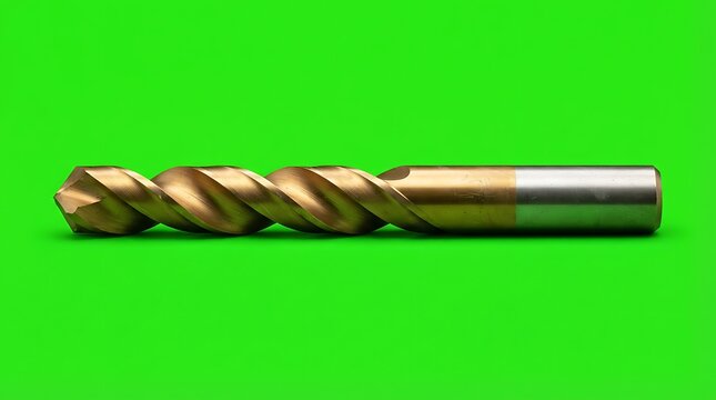 A single titanium coated metal twist drill bit isolated on a green screen