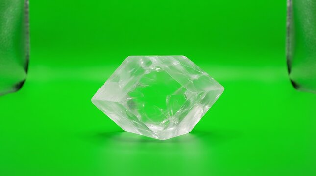 A clear faceted diamond shaped crystal resting on a vibrant green background