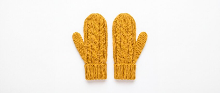 Pair of mustard yellow wool knitted winter mittens with intricate cable stitch pattern isolated on white background for seasonal clothing and cold weather gear.