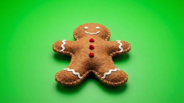 A handcrafted felt gingerbread man ornament isolated on a bright green backdrop