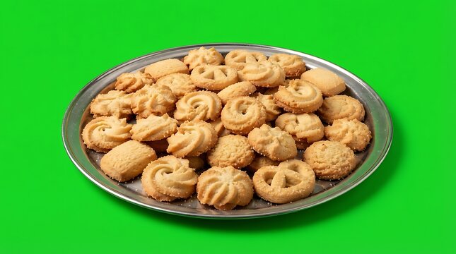 A festive assortment of butter cookies arranged on a circular silver tray