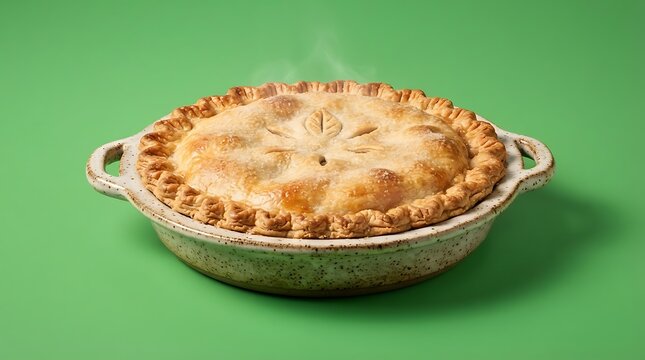 A golden savory pot pie served in a green baking dish on a green background