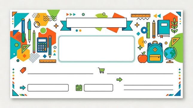 Educational school template with colorful hand drawn stationery items and empty frames for text and notes