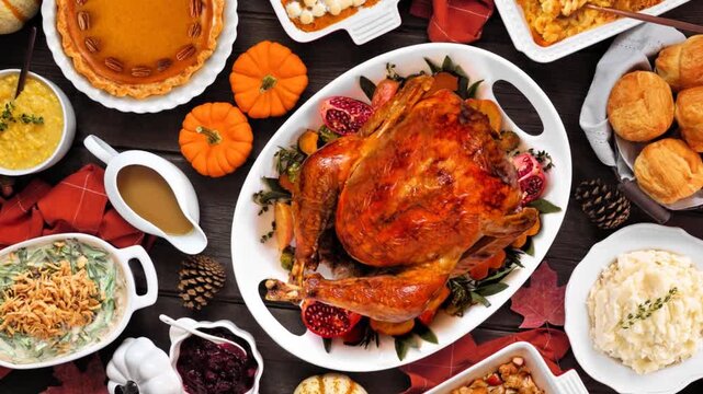 Traditional Thanksgiving turkey dinner. Top view table scene on a rustic dark wood background. Slow rotating zoom motion. Turkey, mashed potatoes, stuffing, casseroles, pumpkin pie and sides.