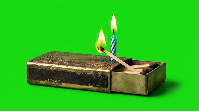 A vintage matchbox with a burning match and a blue birthday candle lit