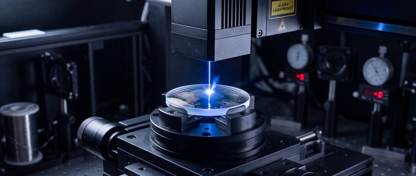 High precision laser engraving machine processing optical lens element with intense blue beam inside dark industrial physics laboratory