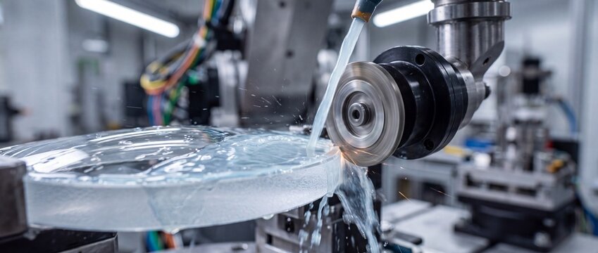 Industrial glass grinding machine shaping raw optical material with high pressure cooling liquid spray during manufacturing process