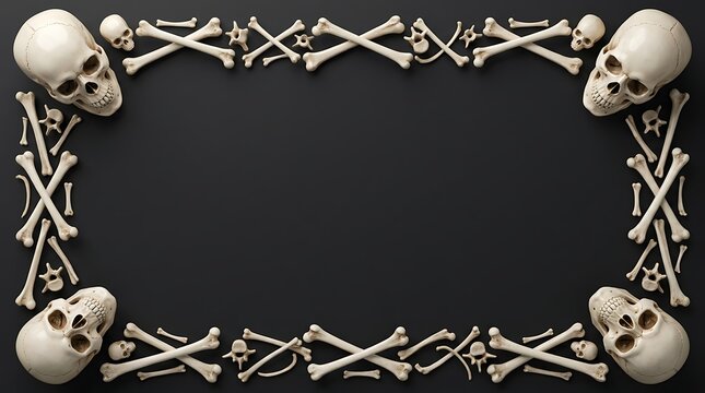 Human skulls and bones arranged in a rectangular frame border on a dark black background for halloween horror design