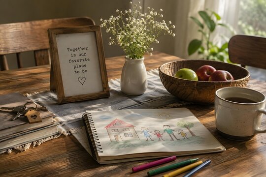 Framed quote with child drawing of family on sunlit wooden dining table