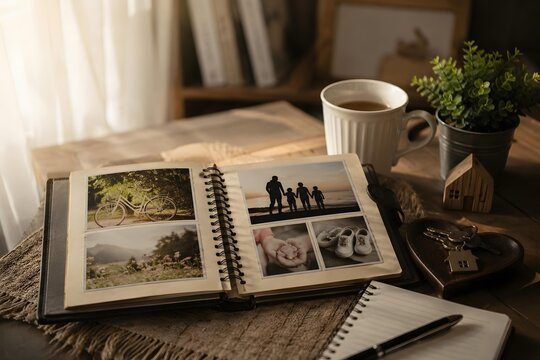 open photo album with coffee mug potted plant and keys on wooden table