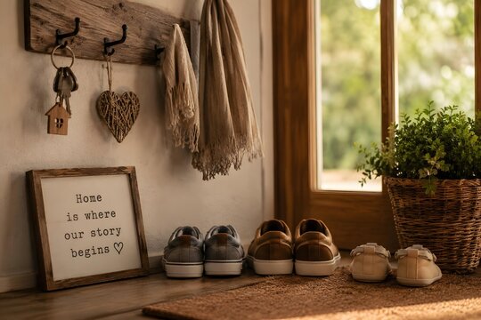 Framed text sign beside three pairs of sneakers and rustic wall rack by glass door